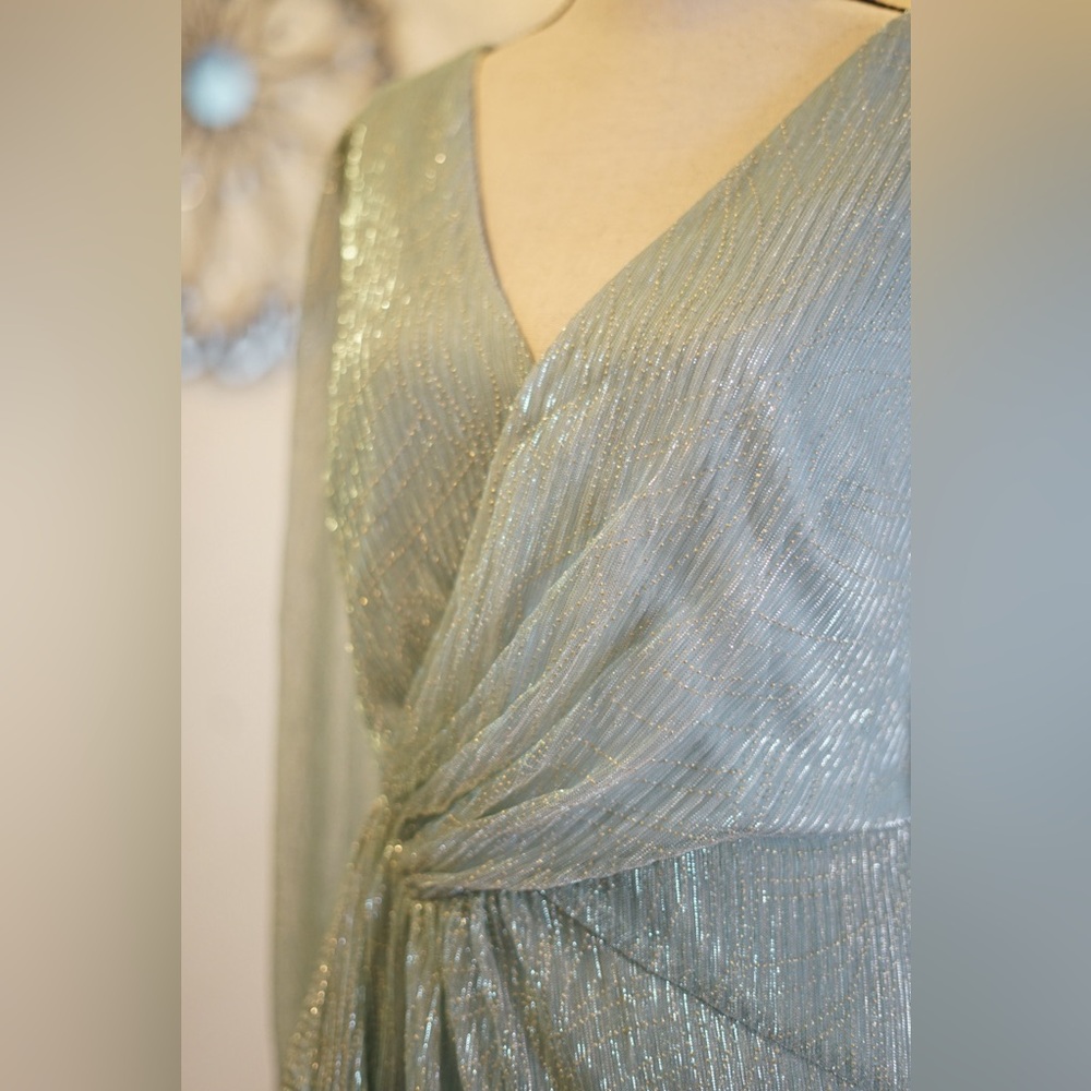 Adrianna Papell Shimmery Seafoam Long Sleeve Wrap Gown - Picture 5 of 6